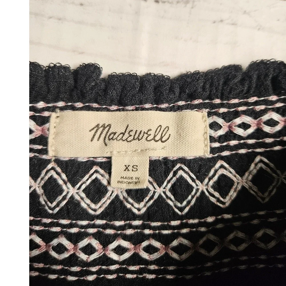 Madewell Womens XS Black Embroidered Smocked Puff Sleeve Peasant‎ Blouse Top